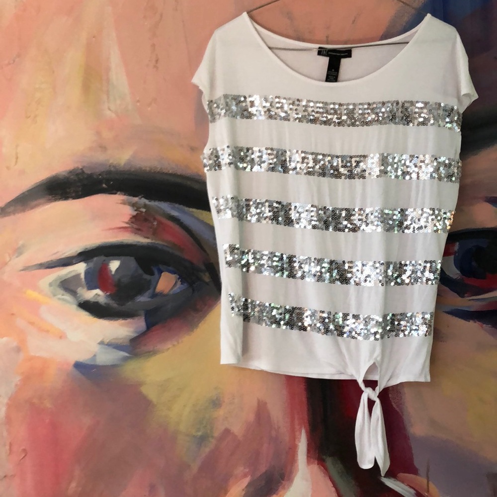 INC Women’s Sequin striped white Top Size M